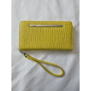 NEW Steve Madden Wallet Wristlet Citron Yellow Stamped Logo Silver Zipper